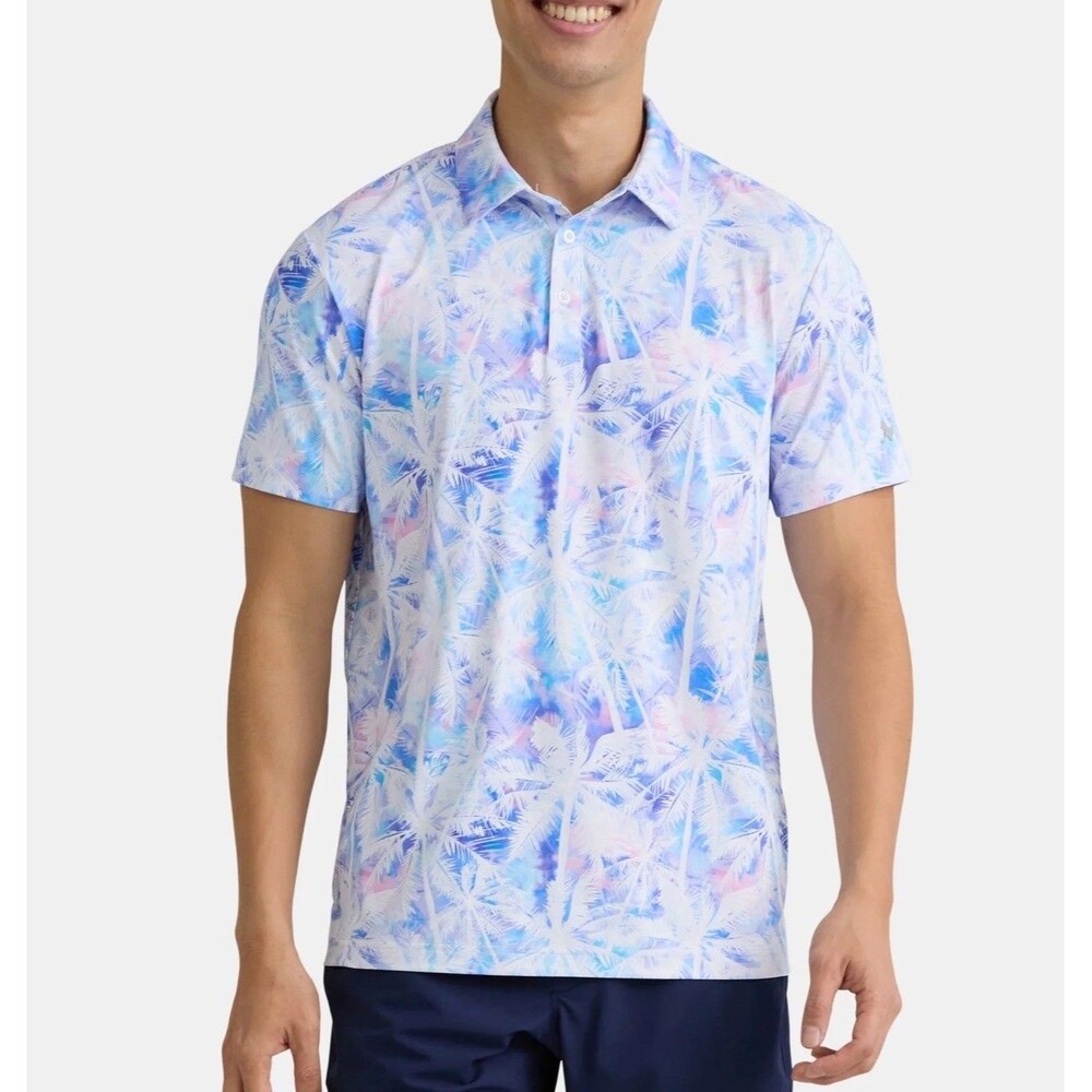Birdie Bound Men’s XL Golf Polo White Tie Dye Tropical Palm Print Stretch
